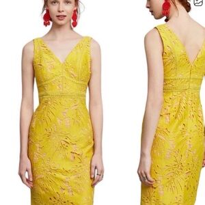 Maeve Gardenia Column Dress w botanical leaf lace overlay